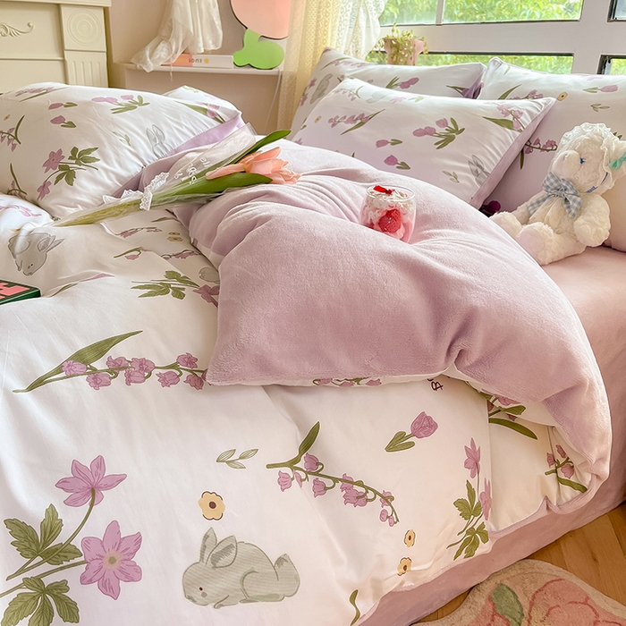 91家纺网 家纺一手货源 找家纺 麦伦家居 2023新款秋冬多功能床品全棉加牛奶绒单被套 紫铃花