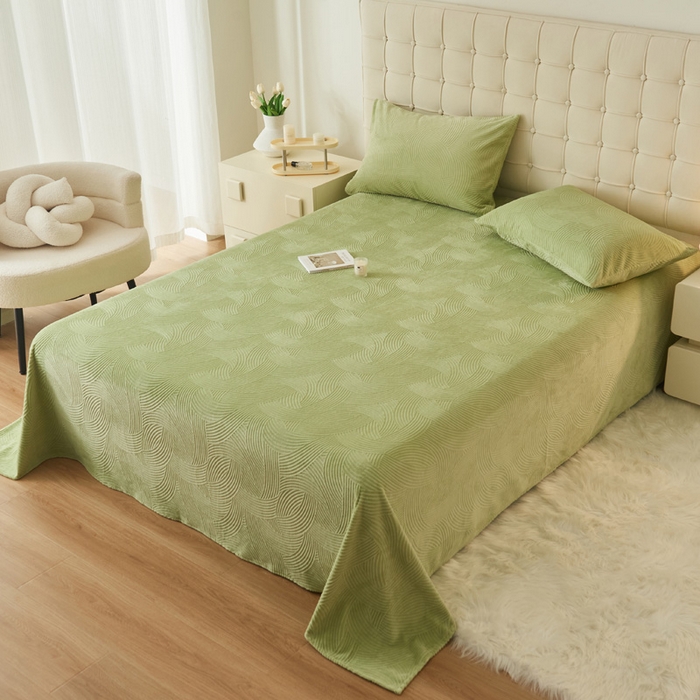 91家纺网 家纺一手货源 找家纺 吾诺家居 2023新款230克立体雕花牛奶绒床单可配三件套 线条-绿