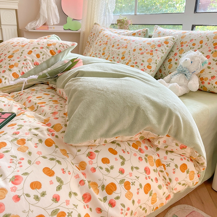 91家纺网 家纺一手货源 找家纺 麦伦家居 2023新款秋冬多功能床品全棉加牛奶绒单被套 南瓜花园