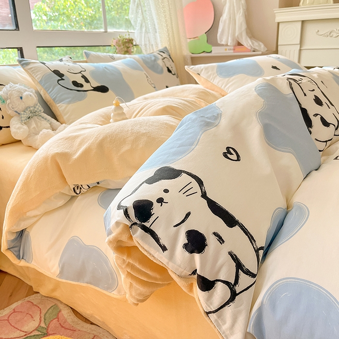 91家纺网 家纺一手货源 找家纺 麦伦家居 2023新款秋冬多功能床品全棉加牛奶绒单被套 斑点猫