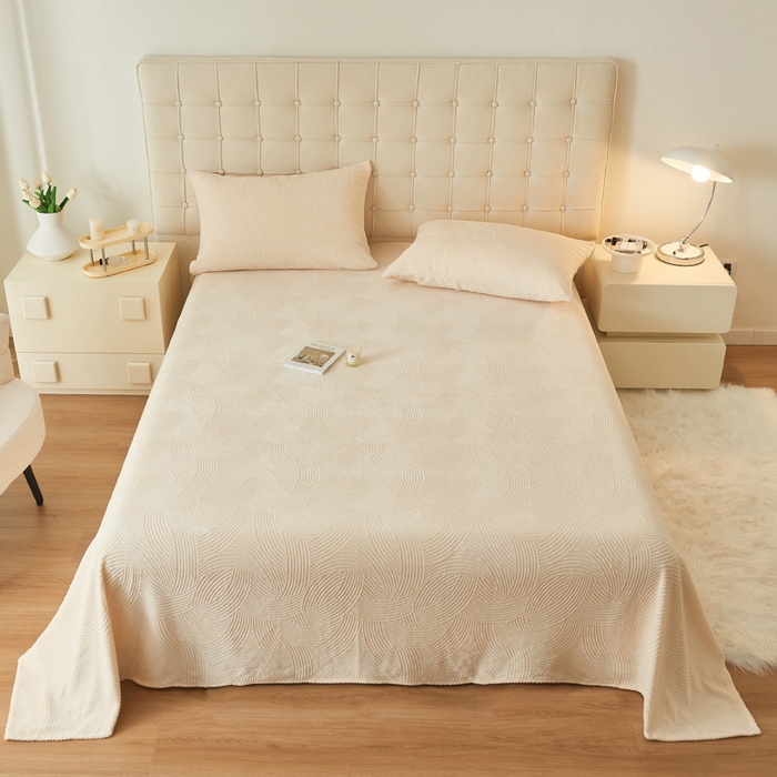 91家纺网 家纺一手货源 找家纺 吾诺家居 2023新款230克立体雕花牛奶绒床单可配三件套 线条-米