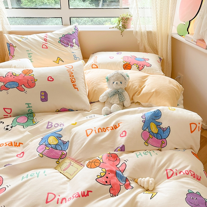 91家纺网 家纺一手货源 找家纺 麦伦家居 2023新款秋冬多功能床品全棉加牛奶绒单被套 多巴胺恐龙