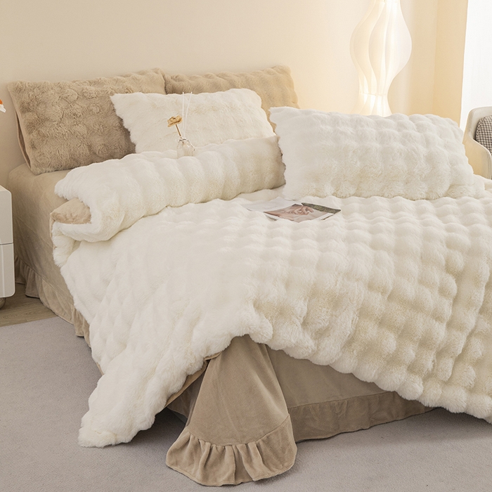 91家纺网 家纺一手货源 找家纺 （总）新月家纺（锦威郎） 2023新款AB面泡泡兔兔绒皮草四件套