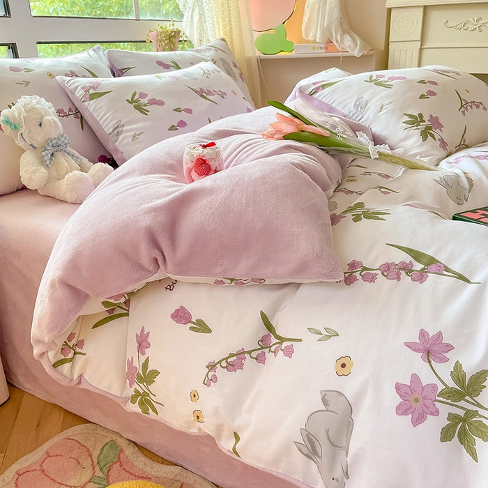 91家纺网 家纺一手货源 找家纺 麦伦家居 2023新款秋冬多功能床品全棉加牛奶绒单被套 紫铃花