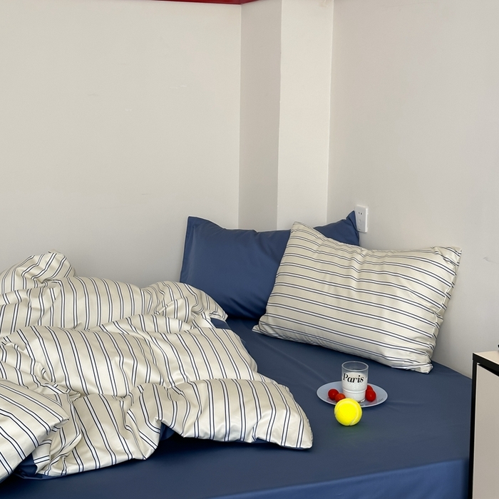 91家纺网 家纺一手货源 找家纺 时年 2023新款100支数码印花条纹四件套 复古米月