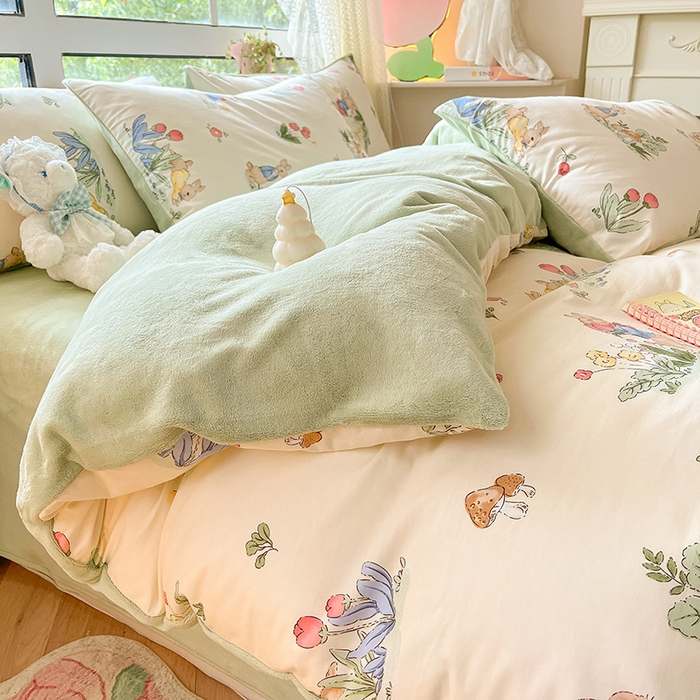 91家纺网 家纺一手货源 找家纺 麦伦家居 2023新款秋冬多功能床品全棉加牛奶绒单被套 蘑菇屋