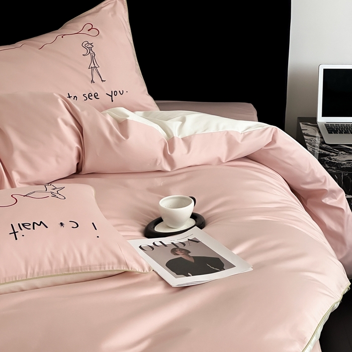 91家纺网 家纺一手货源 找家纺 时年 2023新款100支双股澳棉刺绣款四件套 遇见-粉