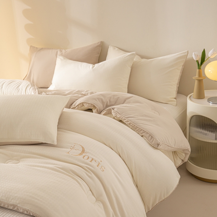 91家纺网 家纺一手货源 找家纺 荔禾家居 2023新款千鸟格提花刺绣款大豆被冬被被子被芯 明茶咖