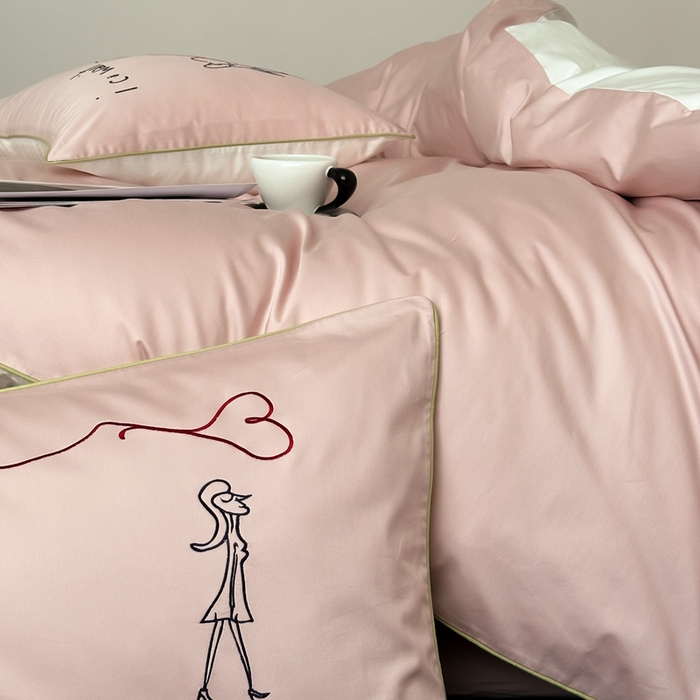 91家纺网 家纺一手货源 找家纺 时年 2023新款100支双股澳棉刺绣款四件套 遇见-粉