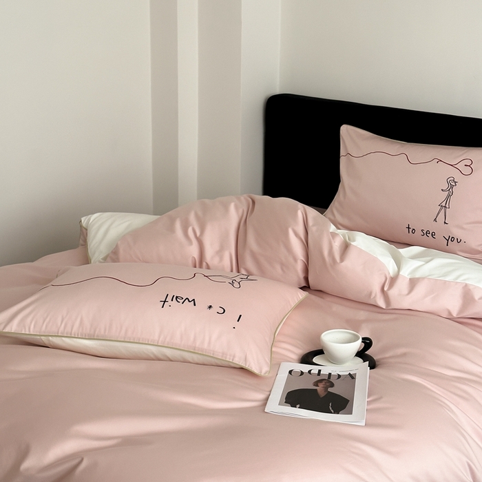 91家纺网 家纺一手货源 找家纺 时年 2023新款100支双股澳棉刺绣款四件套 遇见-粉