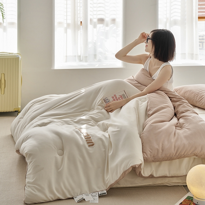 91家纺网 家纺一手货源 找家纺 荔禾家居 2023新款A类毛巾绣多巴胺系大豆被冬被 太妃奶咖