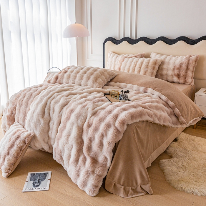 91家纺网 家纺一手货源 找家纺 邦妮家纺2024新款直播爆款兔兔绒兔毛绒渐变色彩色牛奶绒四件套 七彩咖