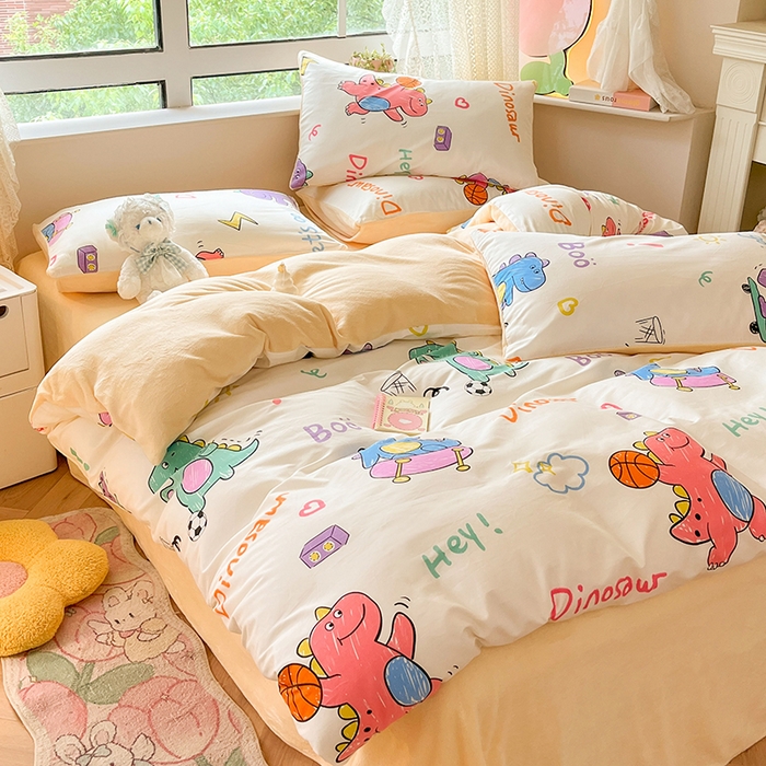 91家纺网 家纺一手货源 找家纺 麦伦家居 2023新款秋冬多功能床品全棉加牛奶绒单被套 多巴胺恐龙