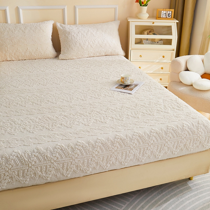 91家纺网 家纺一手货源 找家纺 吾诺家居 2023新款230克立体提花塔芙绒床笠 巴洛-象牙白