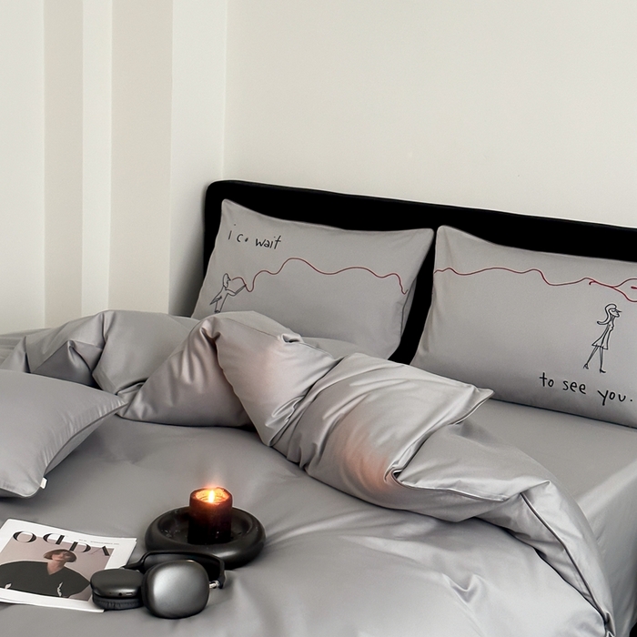 91家纺网 家纺一手货源 找家纺 时年 2023新款100支双股澳棉刺绣款四件套 遇见-灰