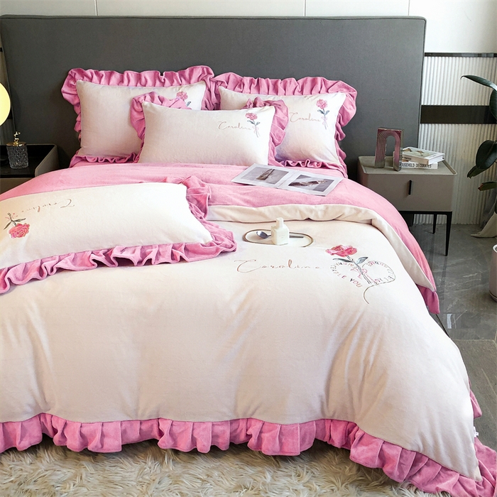 91家纺网 家纺一手货源 找家纺 韩版花边牛奶绒刺绣四件套8斤牛奶绒法兰绒宝宝绒 偏爱-暖白+浅粉