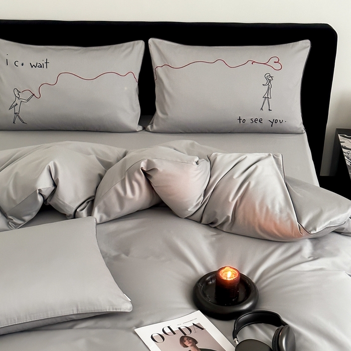 91家纺网 家纺一手货源 找家纺 时年 2023新款100支双股澳棉刺绣款四件套 遇见-灰