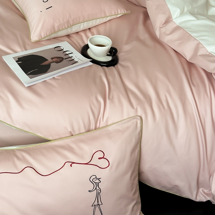 91家纺网 家纺一手货源 找家纺 时年 2023新款100支双股澳棉刺绣款四件套 遇见-粉