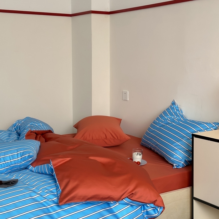 91家纺网 家纺一手货源 找家纺 时年 2023新款100支数码印花条纹四件套 复古星蓝