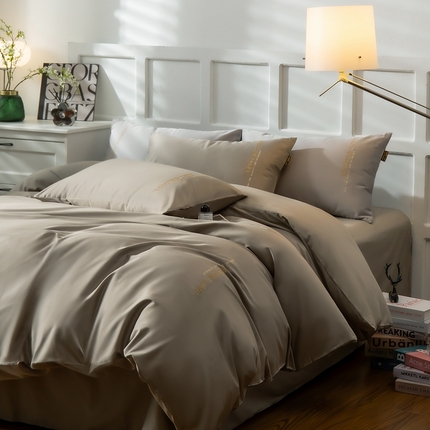 莱阁亿 2023新款长绒棉纯色绣花四件套 浅棕色