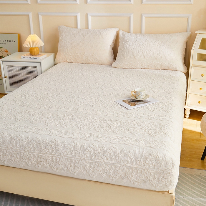 91家纺网 家纺一手货源 找家纺 吾诺家居 2023新款230克立体提花塔芙绒床笠 巴洛-象牙白