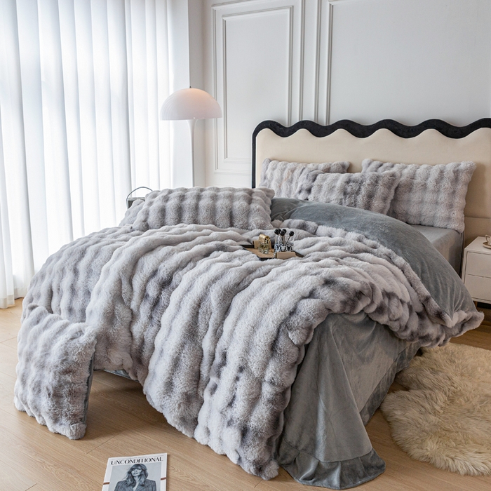 91家纺网 家纺一手货源 找家纺 邦妮家纺2024新款直播爆款兔兔绒兔毛绒渐变色彩色牛奶绒四件套 七彩灰