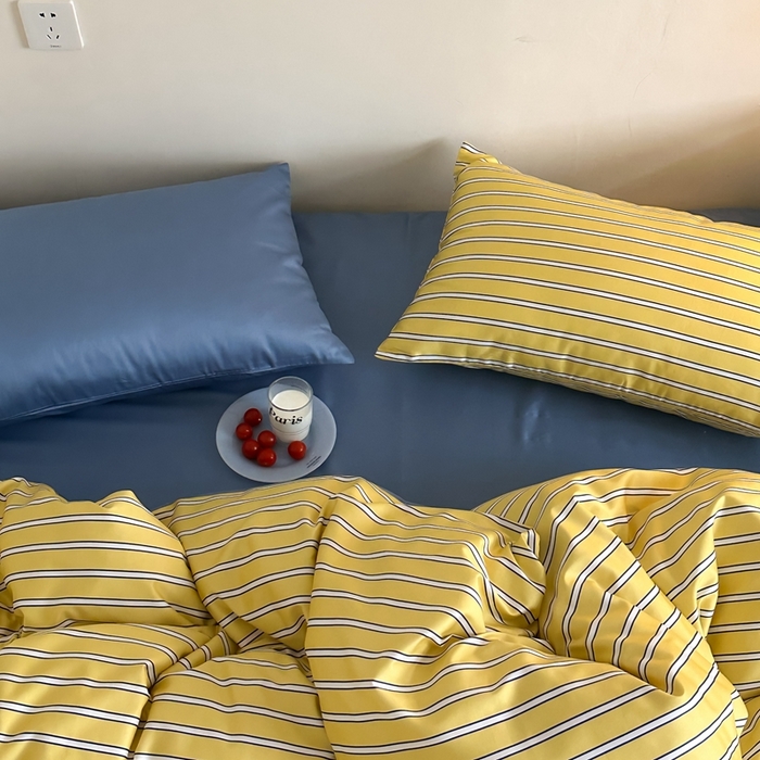 91家纺网 家纺一手货源 找家纺 时年 2023新款100支数码印花条纹四件套 复古珞黄