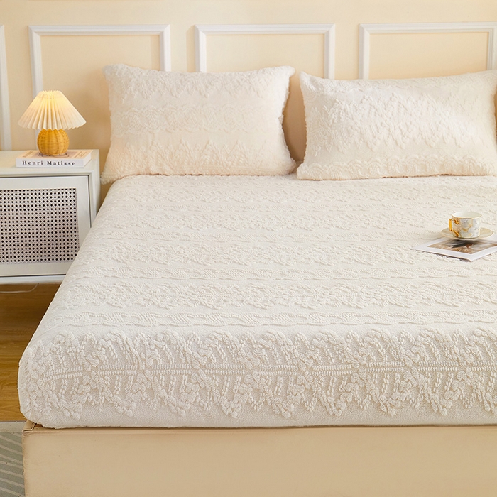 91家纺网 家纺一手货源 找家纺 吾诺家居 2023新款230克立体提花塔芙绒床笠 巴洛-象牙白