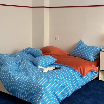 时年 2023新款100支数码印花条纹四件套 复古星蓝