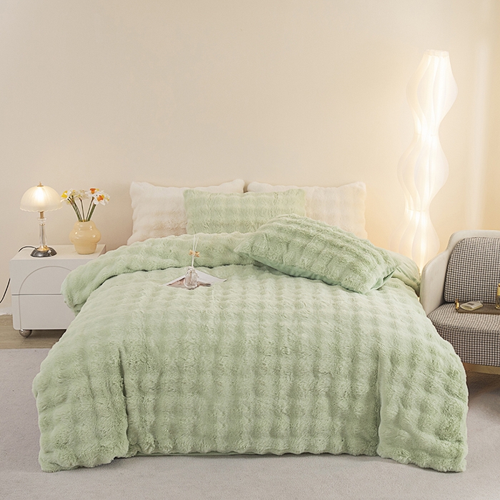 91家纺网 家纺一手货源 找家纺 新月家纺（锦威郎） 2023新款AB面泡泡兔兔绒皮草四件套 抹茶绿