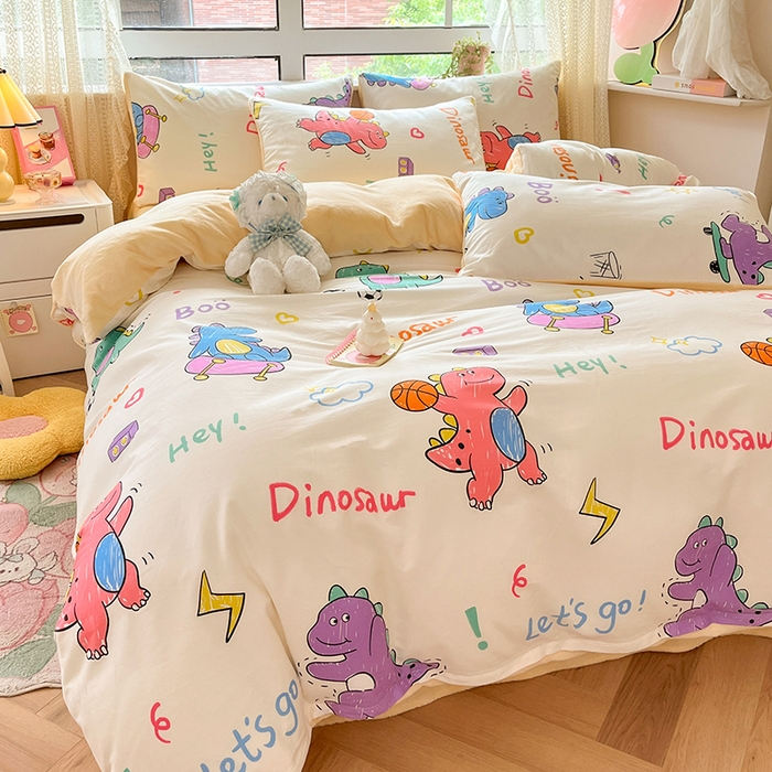 91家纺网 家纺一手货源 找家纺 麦伦家居 2023新款秋冬多功能床品全棉加牛奶绒单被套 多巴胺恐龙