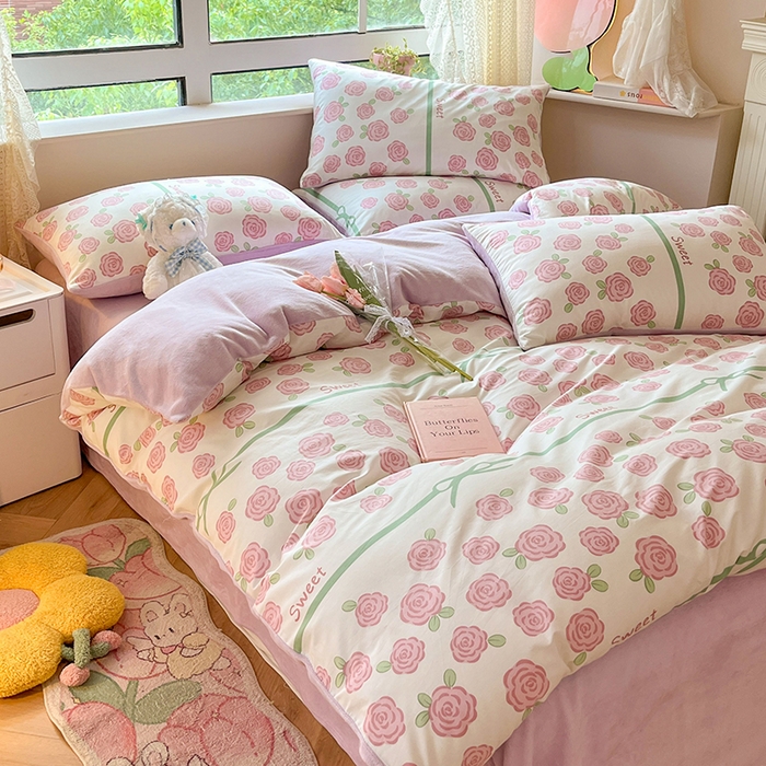 91家纺网 家纺一手货源 找家纺 麦伦家居 2023新款秋冬多功能床品全棉加牛奶绒单被套 紫色玫瑰