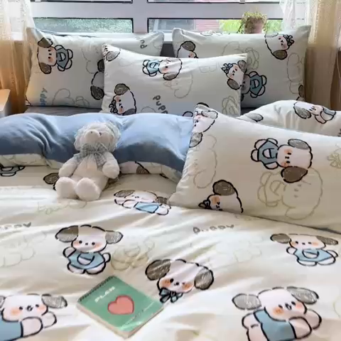 91家纺网 家纺一手货源 找家纺 麦伦家居 2023新款秋冬多功能床品全棉加牛奶绒单被套 哈皮狗