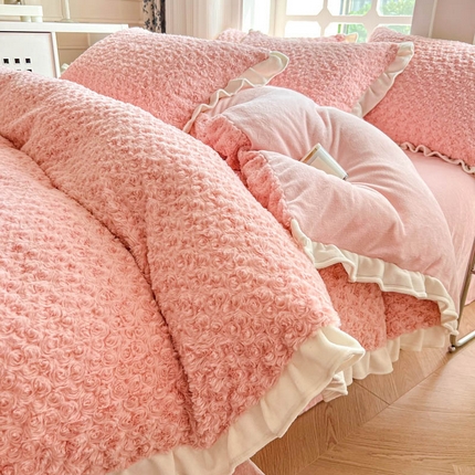米莱家纺 2023新款兔毛四件套 玫瑰花 玫瑰花-粉色