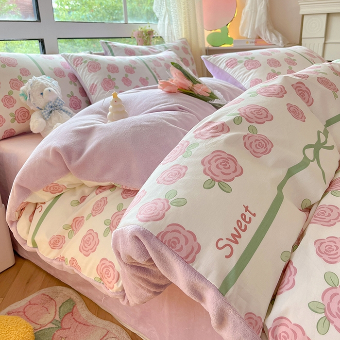 91家纺网 家纺一手货源 找家纺 麦伦家居 2023新款秋冬多功能床品全棉加牛奶绒单被套 紫色玫瑰