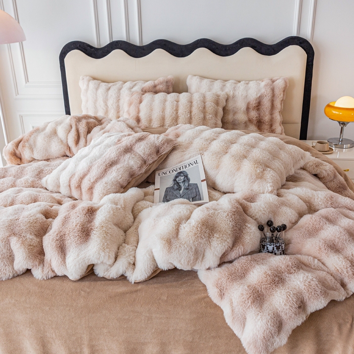 91家纺网 家纺一手货源 找家纺 邦妮家纺2024新款直播爆款兔兔绒兔毛绒渐变色彩色牛奶绒四件套 七彩咖