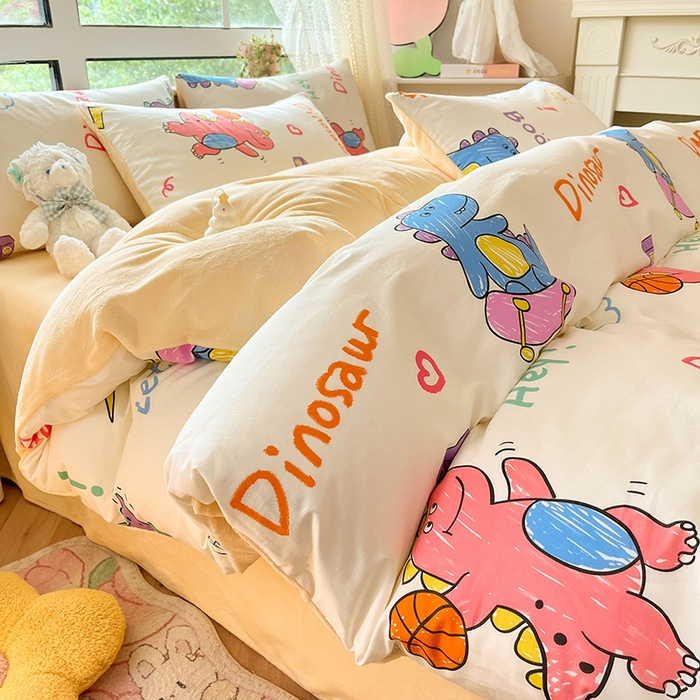 91家纺网 家纺一手货源 找家纺 麦伦家居 2023新款秋冬多功能床品全棉加牛奶绒单被套 多巴胺恐龙