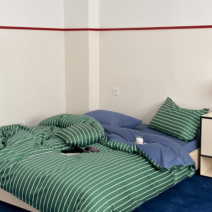 91家纺网 家纺一手货源 找家纺 时年 2023新款100支数码印花条纹四件套 复古墨绿