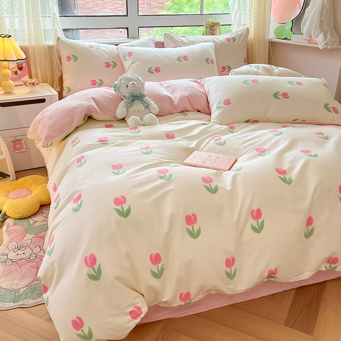 91家纺网 家纺一手货源 找家纺 麦伦家居 2023新款秋冬多功能床品全棉加牛奶绒单被套 粉色郁金香