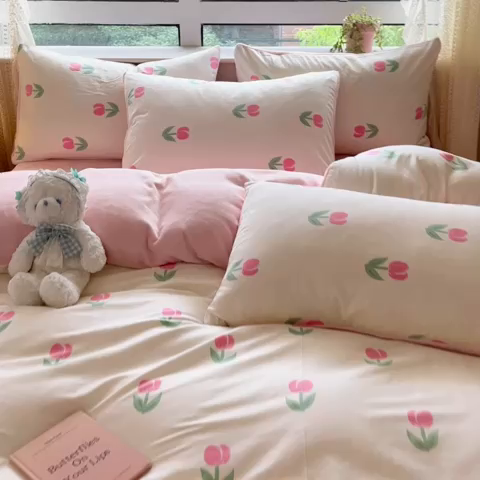 91家纺网 家纺一手货源 找家纺 麦伦家居 2023新款秋冬多功能床品全棉加牛奶绒单被套 粉色郁金香