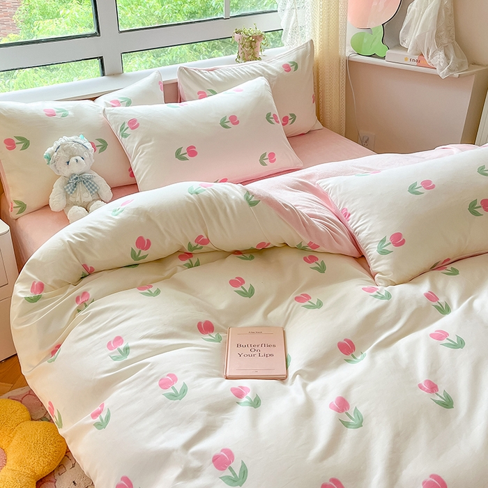 91家纺网 家纺一手货源 找家纺 麦伦家居 2023新款秋冬多功能床品全棉加牛奶绒单被套 粉色郁金香