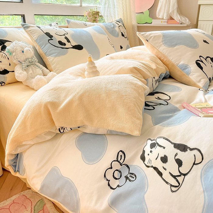 91家纺网 家纺一手货源 找家纺 麦伦家居 2023新款秋冬多功能床品全棉加牛奶绒单被套 斑点猫