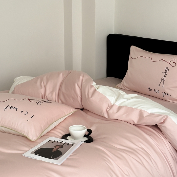 91家纺网 家纺一手货源 找家纺 时年 2023新款100支双股澳棉刺绣款四件套 遇见-粉