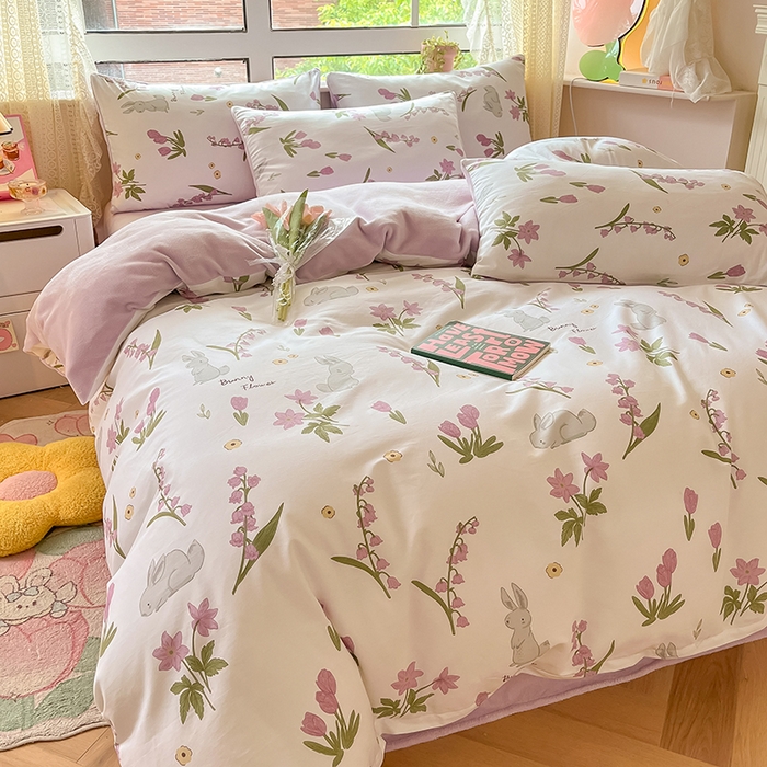 91家纺网 家纺一手货源 找家纺 麦伦家居 2023新款秋冬多功能床品全棉加牛奶绒单被套 紫铃花