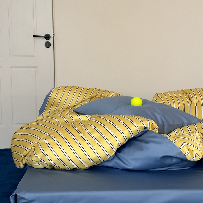 91家纺网 家纺一手货源 找家纺 时年 2023新款100支数码印花条纹四件套 复古珞黄