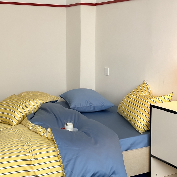 91家纺网 家纺一手货源 找家纺 时年 2023新款100支数码印花条纹四件套 复古珞黄