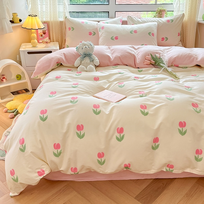 91家纺网 家纺一手货源 找家纺 麦伦家居 2023新款秋冬多功能床品全棉加牛奶绒单被套 粉色郁金香