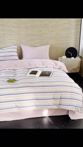 91家纺网 家纺一手货源 找家纺 洋铭区（原狠狠爱） 2023新款ab版牛奶绒绒糖果彩条四件套 糖果紫粉条