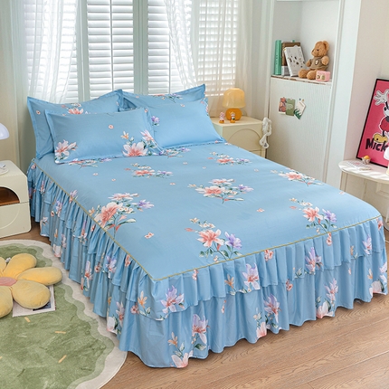 小雨家纺 2026新款芦荟棉单件床裙及床裙三件套-第二批 花间彩云-蓝