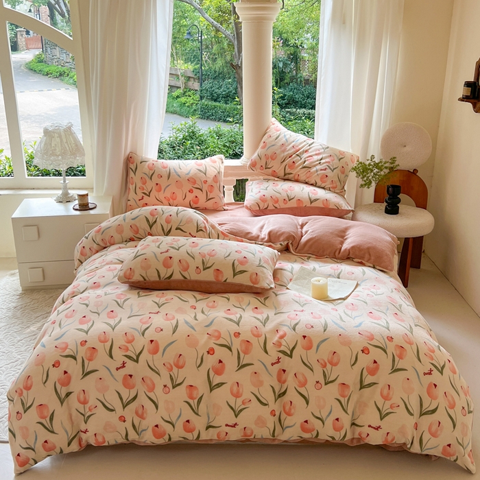 91家纺网 家纺一手货源 找家纺 仟网汇 2023新款双面印花牛奶绒四件套 郁金香